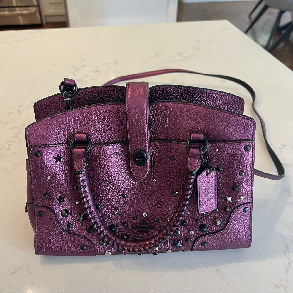 Coach Metallic Plum Star-Studded Mercer Satchel